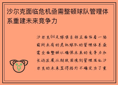 沙尔克面临危机亟需整顿球队管理体系重建未来竞争力