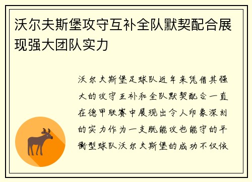 沃尔夫斯堡攻守互补全队默契配合展现强大团队实力