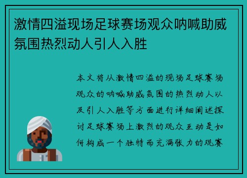 激情四溢现场足球赛场观众呐喊助威氛围热烈动人引人入胜