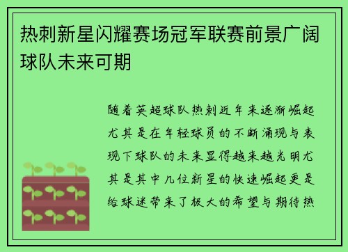 热刺新星闪耀赛场冠军联赛前景广阔球队未来可期