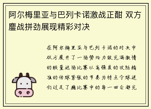 阿尔梅里亚与巴列卡诺激战正酣 双方鏖战拼劲展现精彩对决