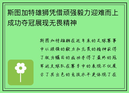 斯图加特雄狮凭借顽强毅力迎难而上成功夺冠展现无畏精神
