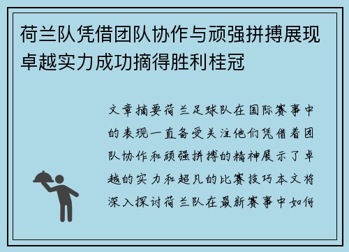 荷兰队凭借团队协作与顽强拼搏展现卓越实力成功摘得胜利桂冠